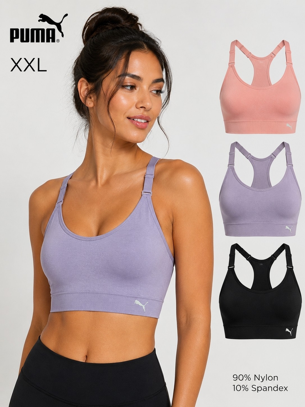 PUMA Women’s 3-Pack Seamless Sports Bras Blue Pink Black XXL